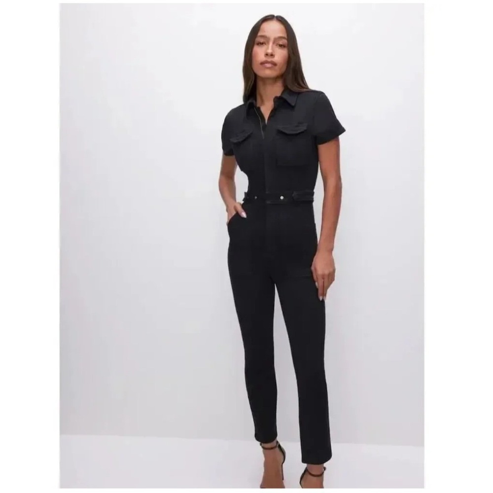 Good American Fit for Success Short Sleeve Jumpsuit Black Denim XS